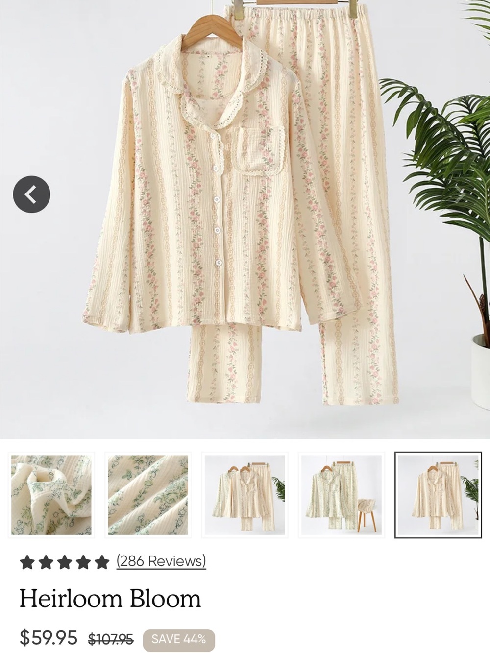 The Fleece Company Heirloom Bloom Cotton Muslin Pajama Set.  Size Large